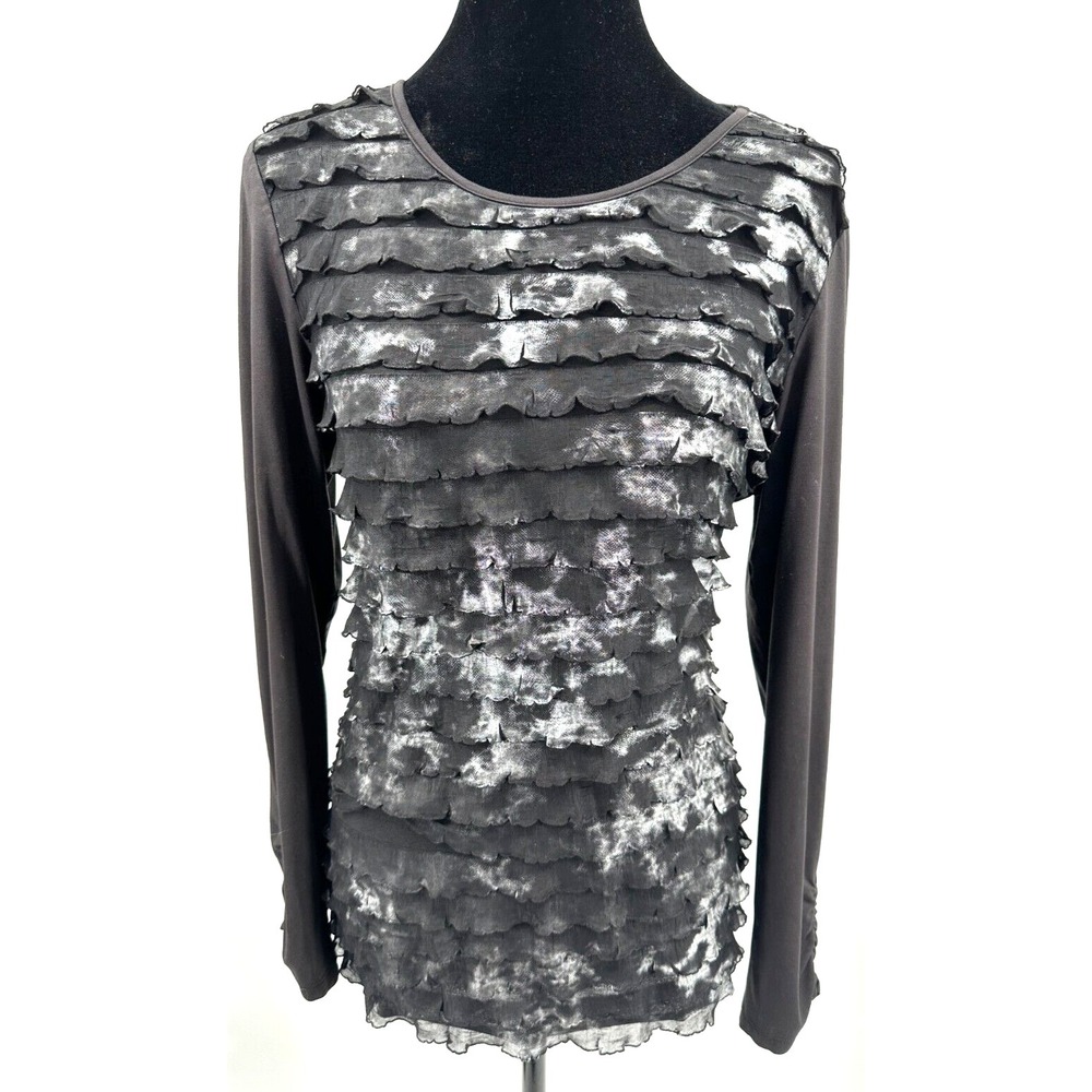 Soft Works Womens Scoop Neck Pullover Top Large Black Tie-Dye Tiered Knit